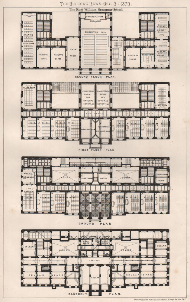 The King William Grammar School . Berlin 1873 old antique print picture